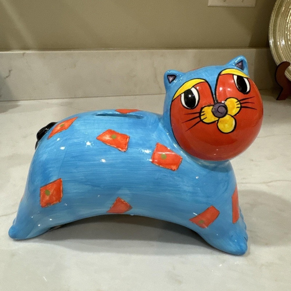 Vintage Milson & Louis Ceramic Hand‎ Painted Blue Cat 8" Long Coin Piggy Bank